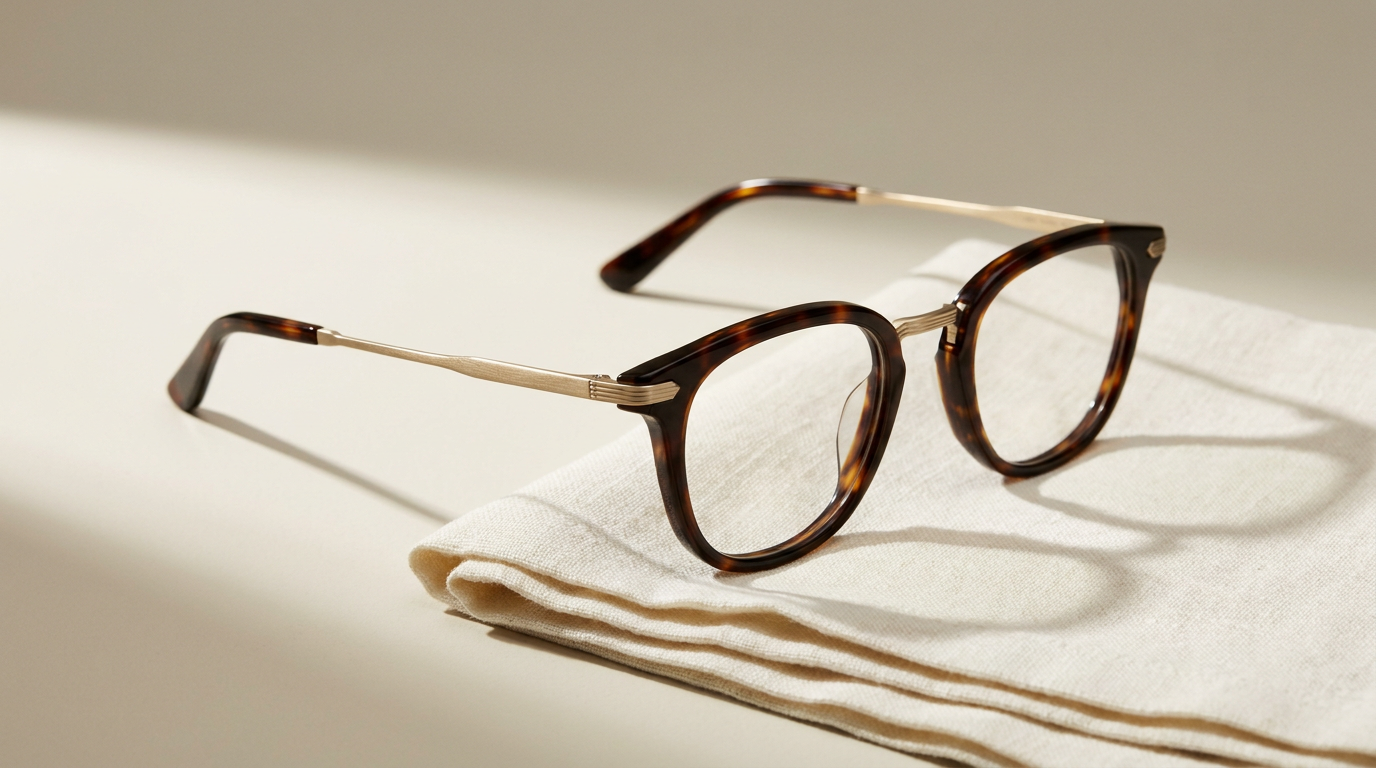 Premium tortoise eyeglasses on linen