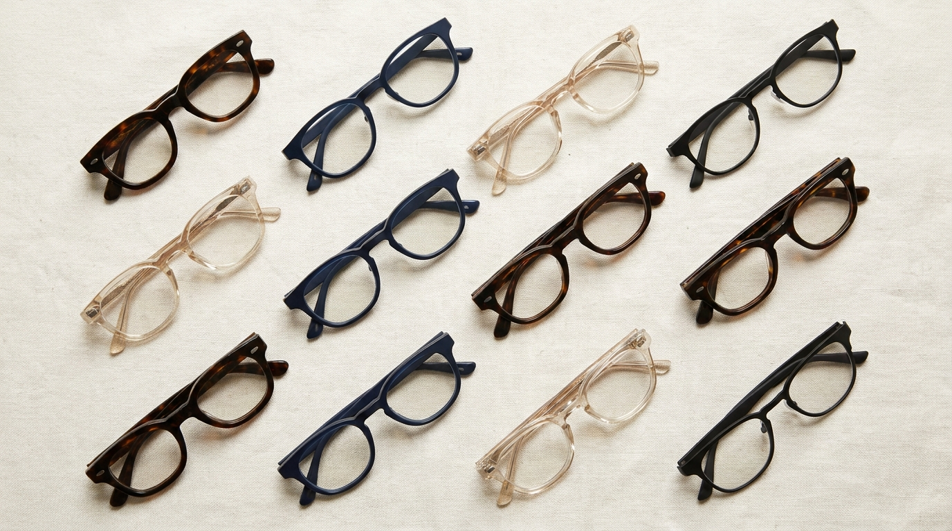 Curated optical frame board flat-lay