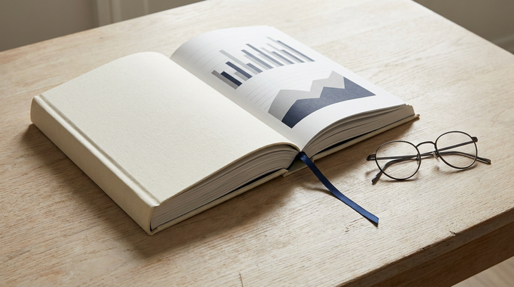 Open report with charts and eyeglasses